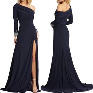 Mac Duggal 12231M Elegant Navy Blue One-Shoulder Dress with embellishments